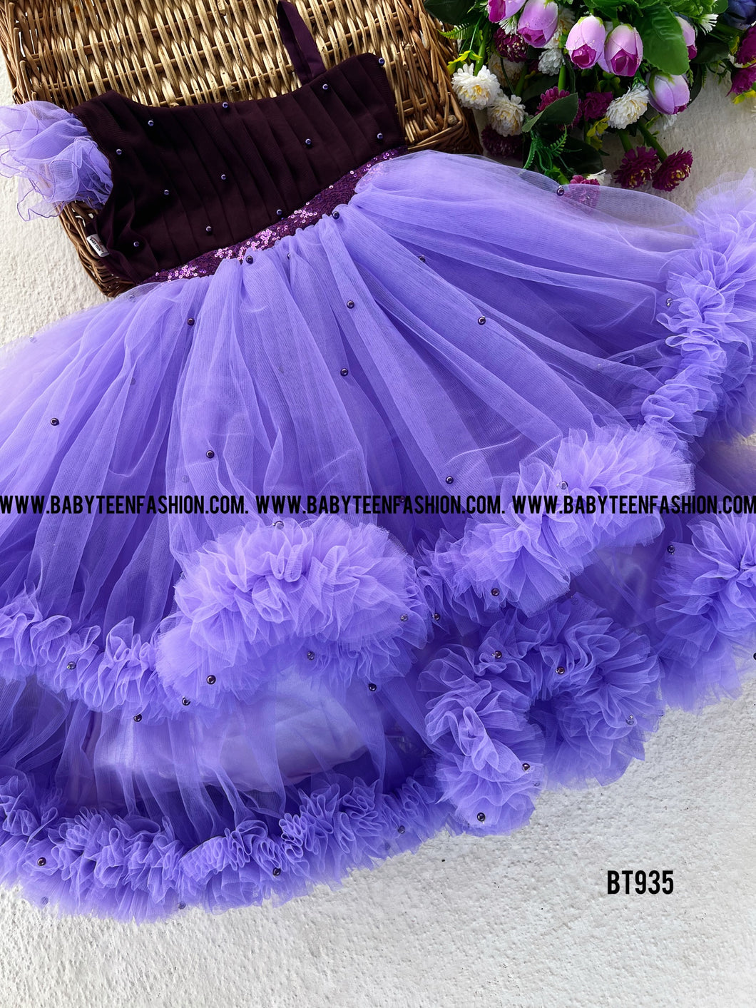 BT935 Lavender Purple Partywear Pearls Frock