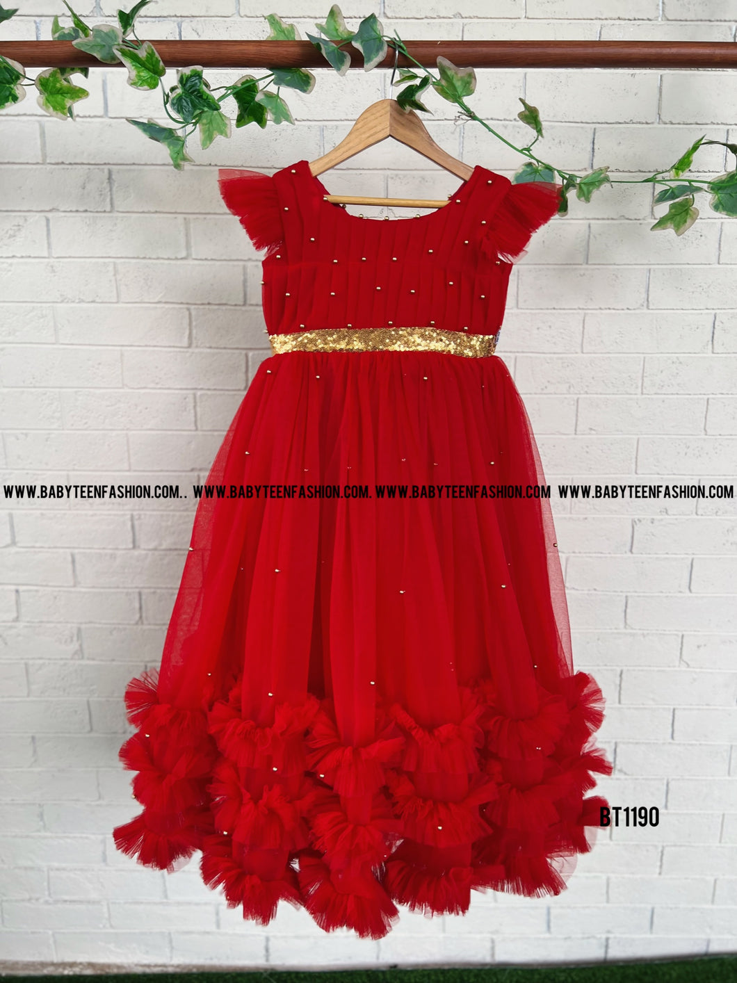 BT1190 Red Pearl Long Party wear Pearl Gown
