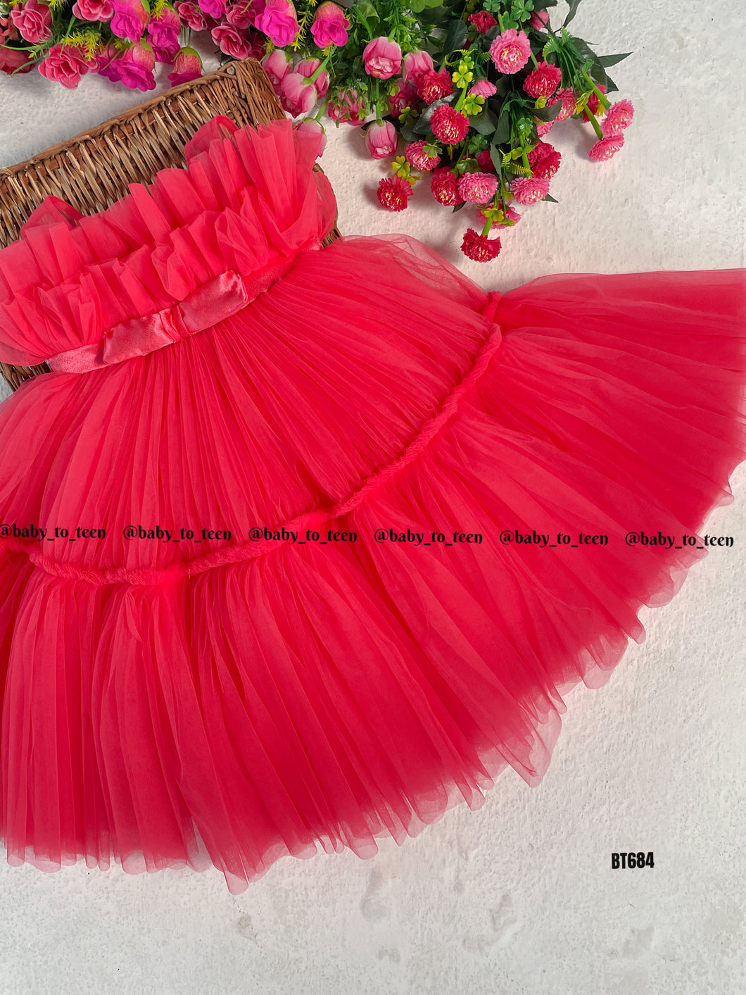 BT684 Radiant Ruby Ruffles Dress - Perfect for Celebratory Splendor