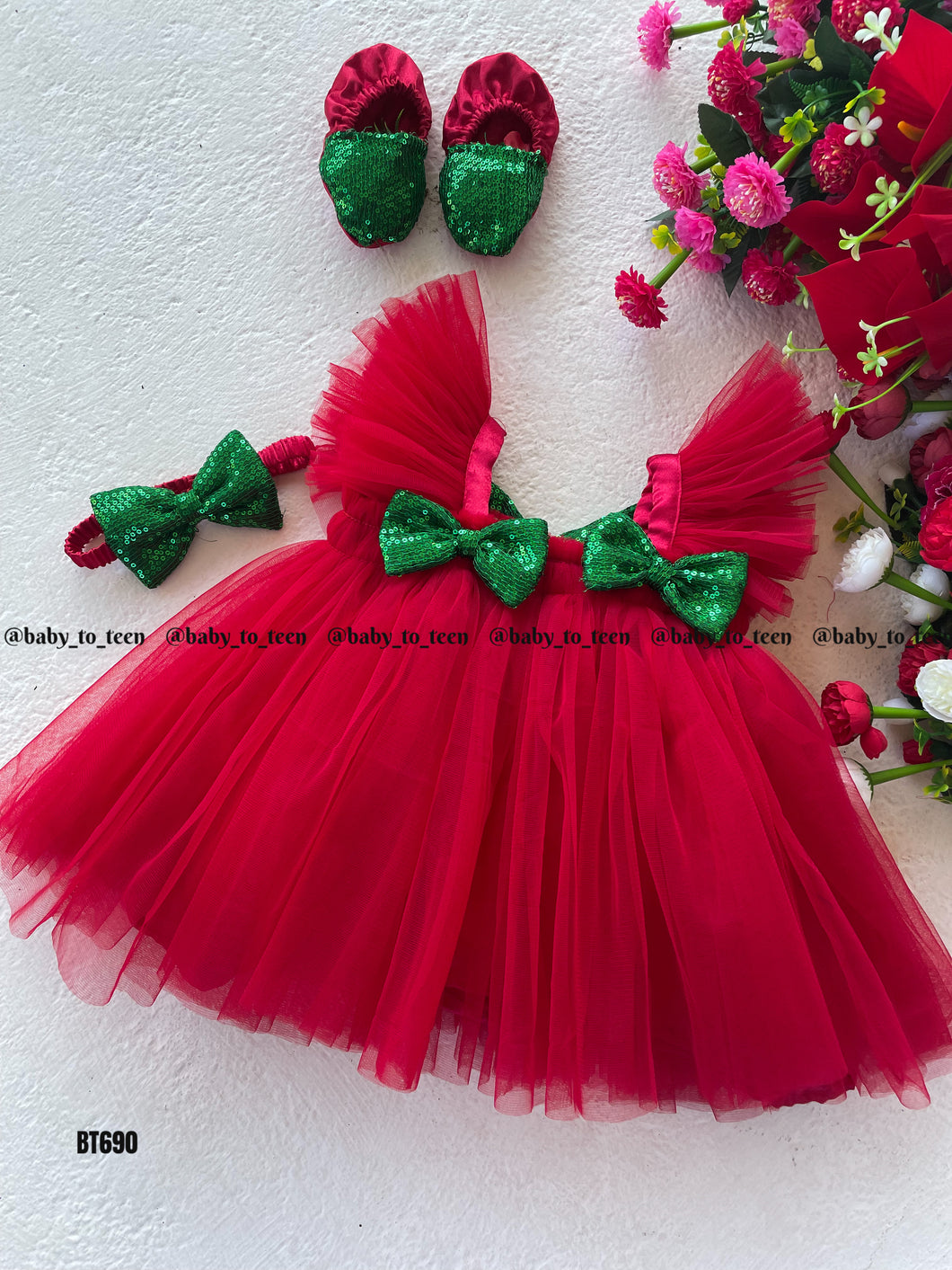 BT690 Semi Partywear xmas Frock Sequence Bows For party and Photoshoot