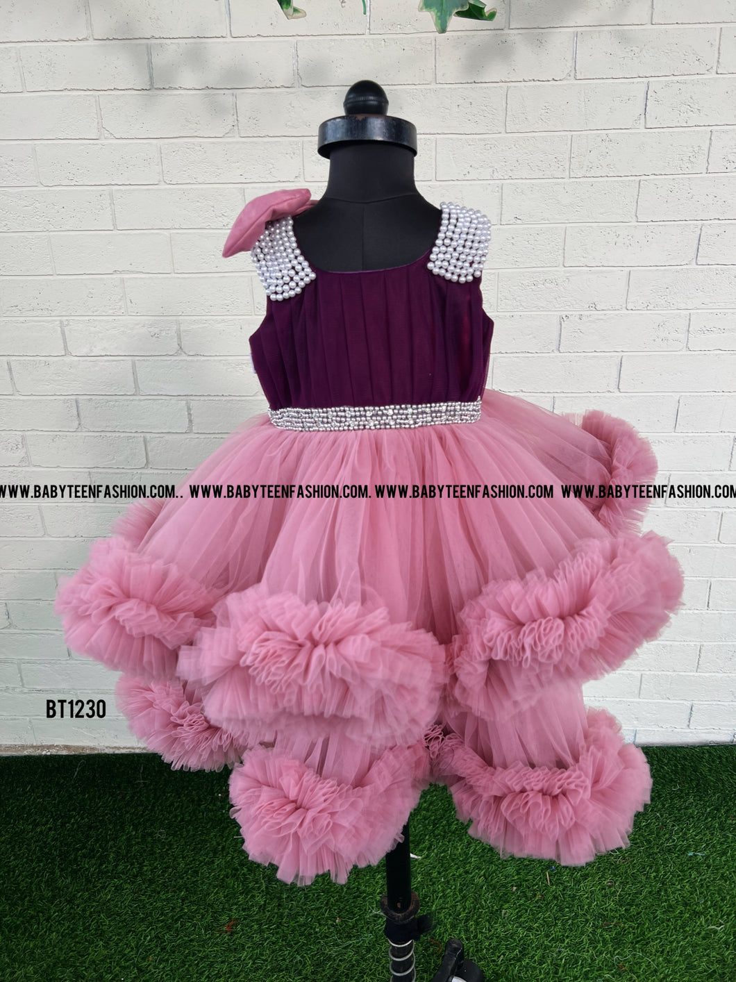 BT1230 Pink Purple Heavy Ruffle Birthday Frock With Lace