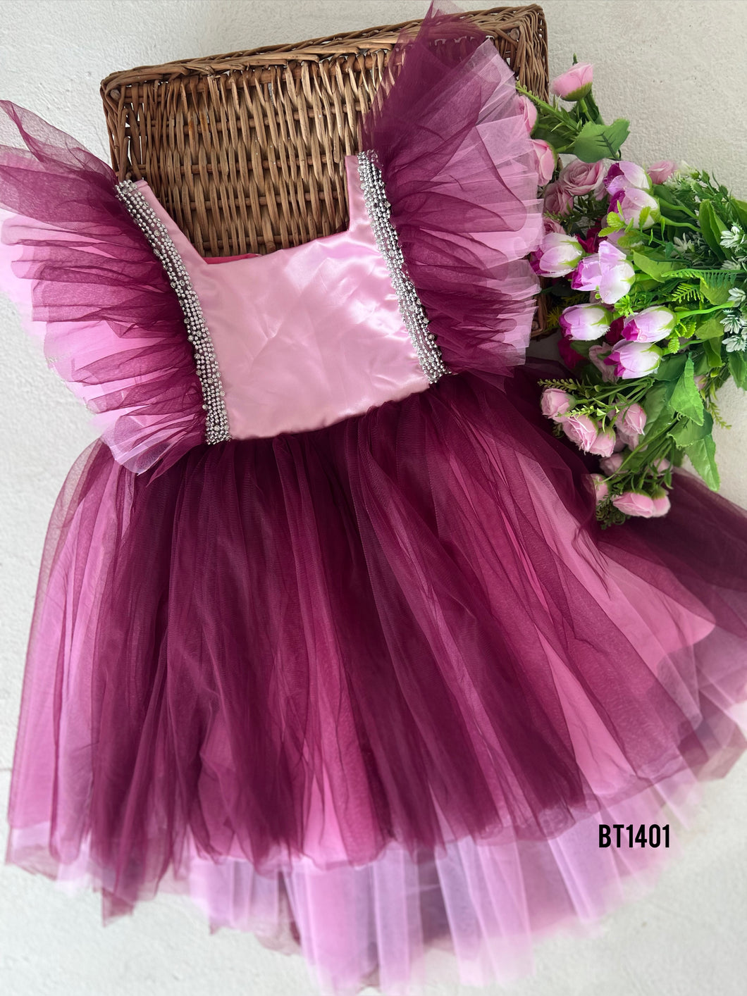 BT1401 Pink Twilight Crystal-Adorned Party Frolic Dress for Girls