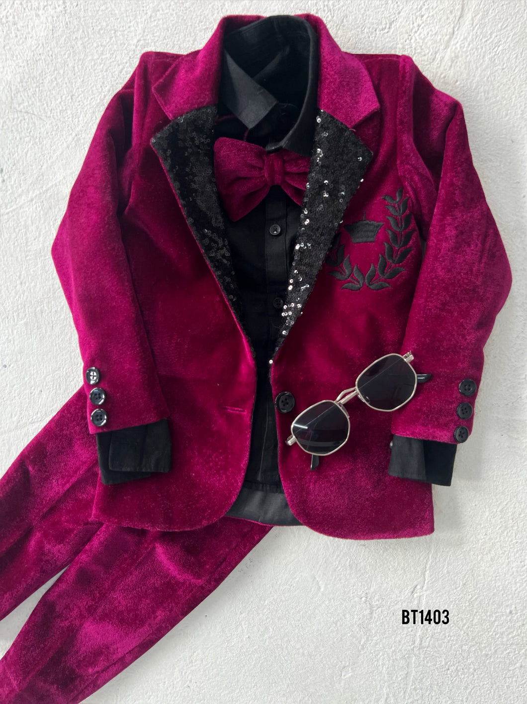 BT1403 Garnet Glamour: Boys' Plush Velvet Suit