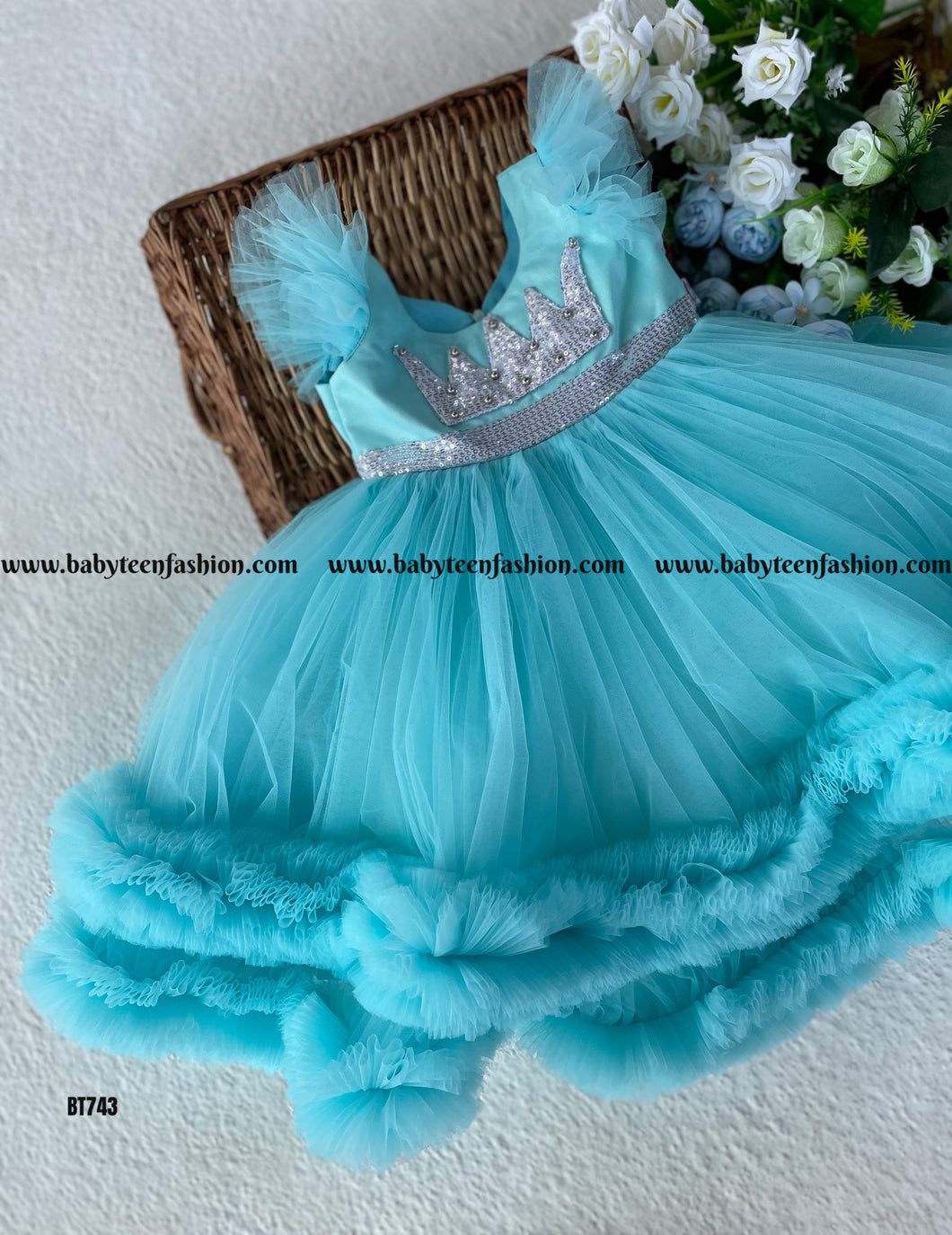 BT743 Aqua Princess Ruffle Gown - Every Twirl a Royal Moment!
