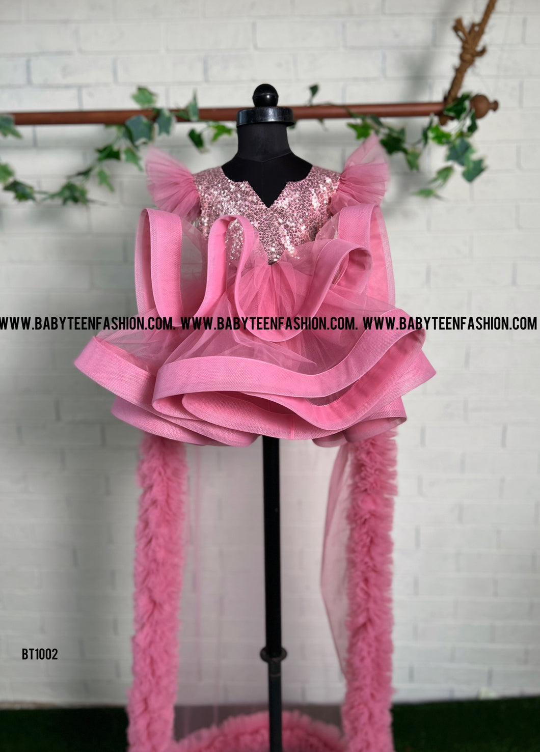 BT1002  Pinkish Rose Gold Color Multi Layered Bouncy frock With Long Detachable Princess Trail