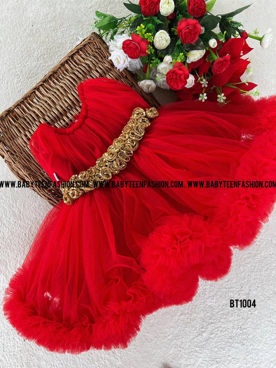 BT1004 Red Double Ruffle Partywear Frock