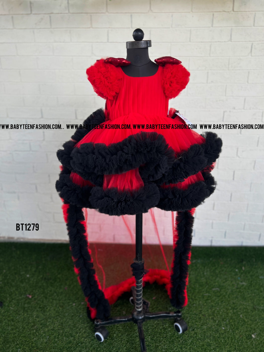 BT1279 Black Red Retro Party wear Frock for Birthday Baby