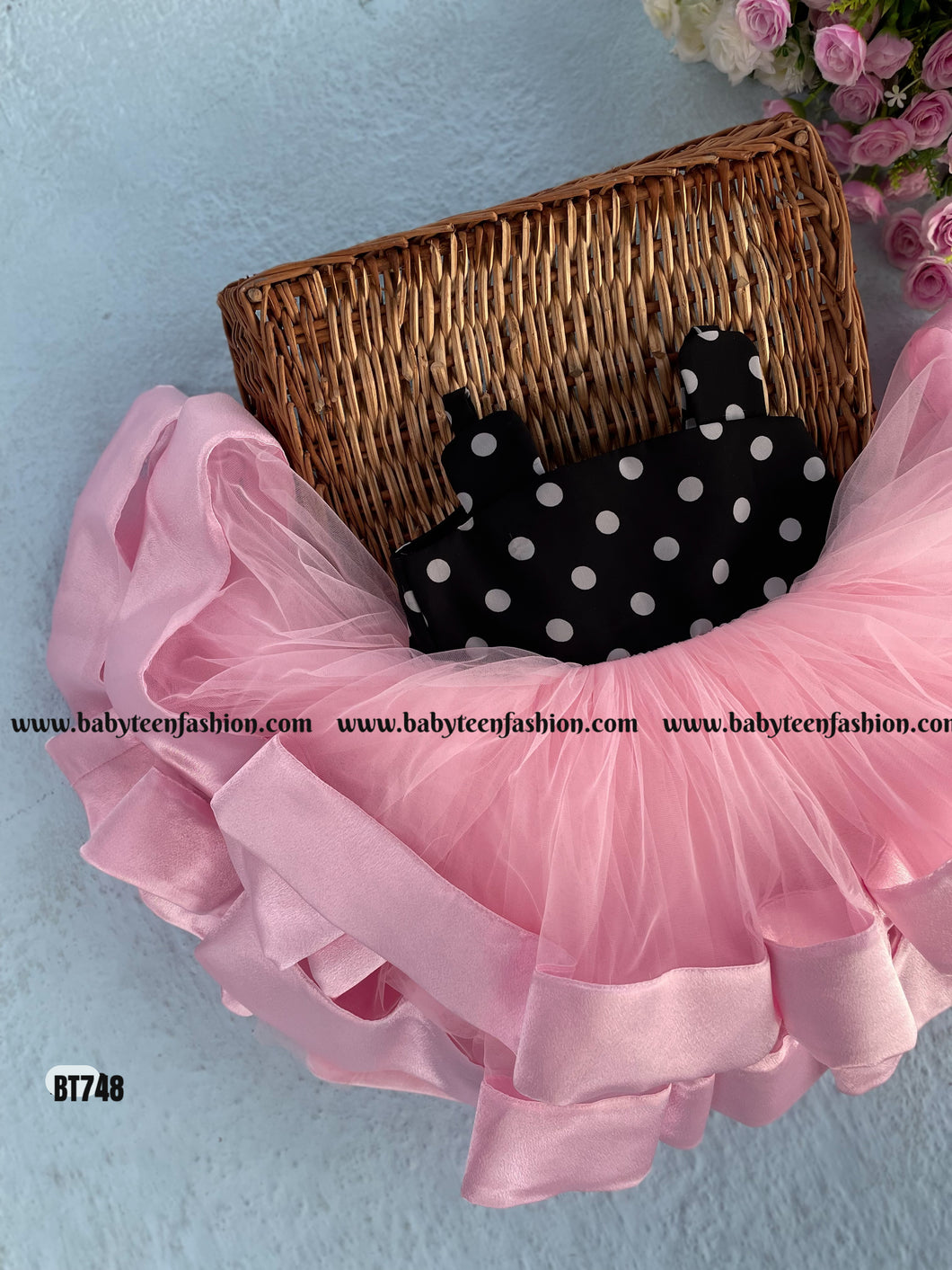 BT748 Polka Dots Partywear Baby Pink Bunny Ear Frock With Heavy Satin Border