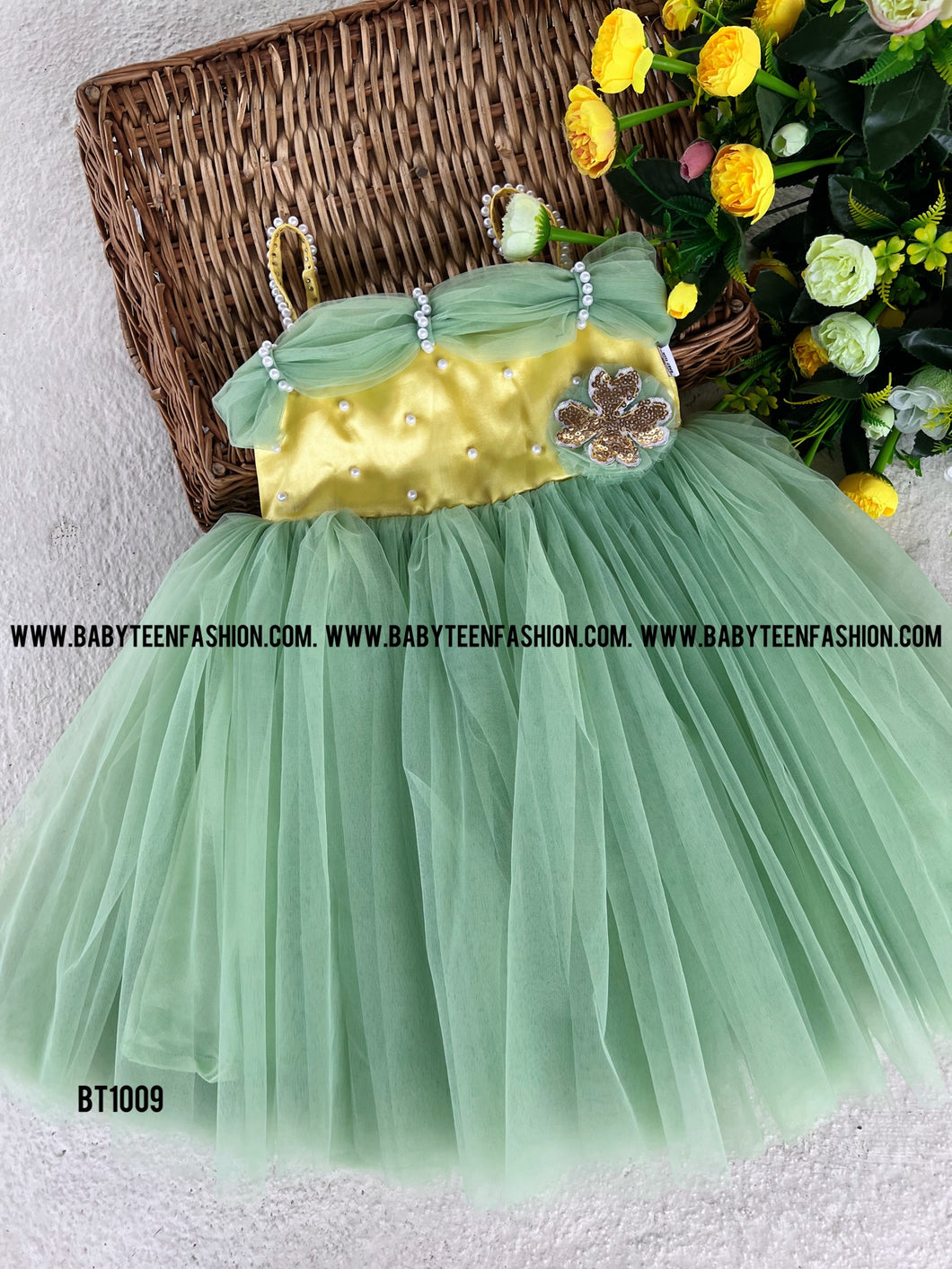 BT1009 Fluffy Green Birthday Frock with Straps and Pearl Highlights