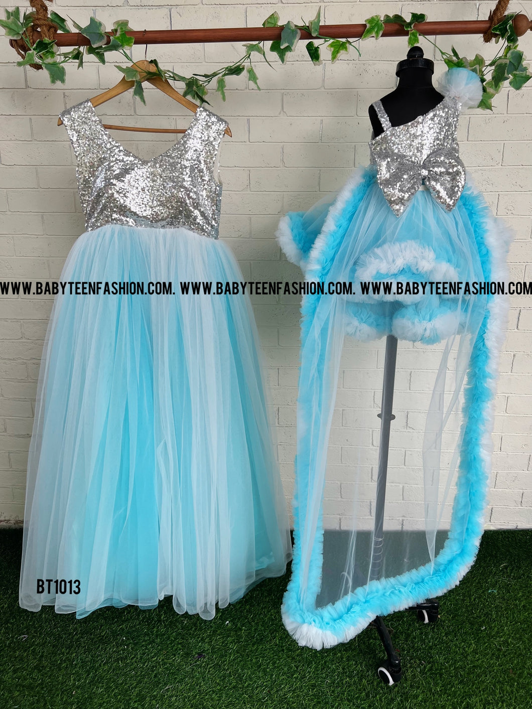 BT1013M Bling Adult Size Blue and White Dual Color One Shoulder Gown With Flower Highlight