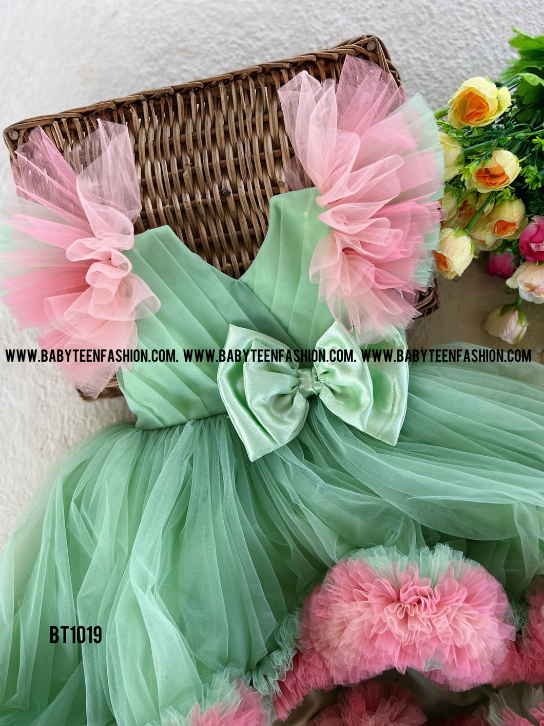 BT1019 Pink Green Fusion Bithday Frock with High Low Pattern and Ruffled Sleeves for Babies and Teenage Girls