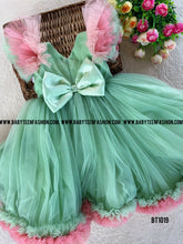 Load image into Gallery viewer, BT1019 Pink Green Fusion Bithday Frock with High Low Pattern and Ruffled Sleeves for Babies and Teenage Girls
