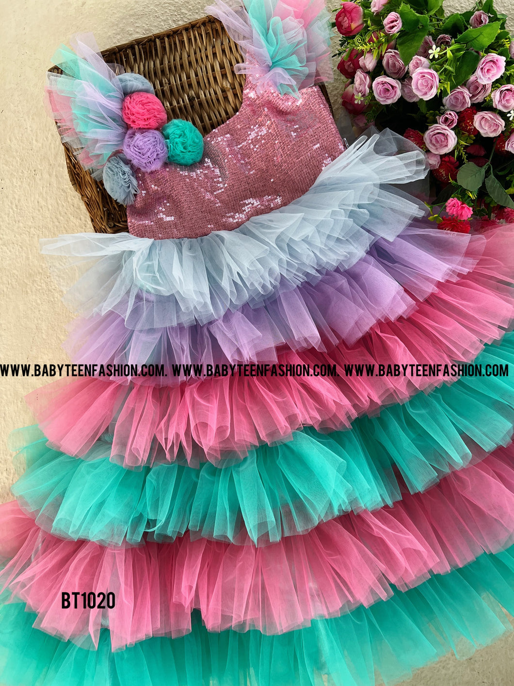 BT1020 Sequence Multicolour Birthday Frock with Handmade Flowers