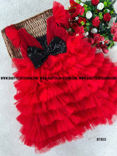 Load image into Gallery viewer, BT1033 Christmas Red Frock For Baby and Teenage Girls Black Sequence Yoke

