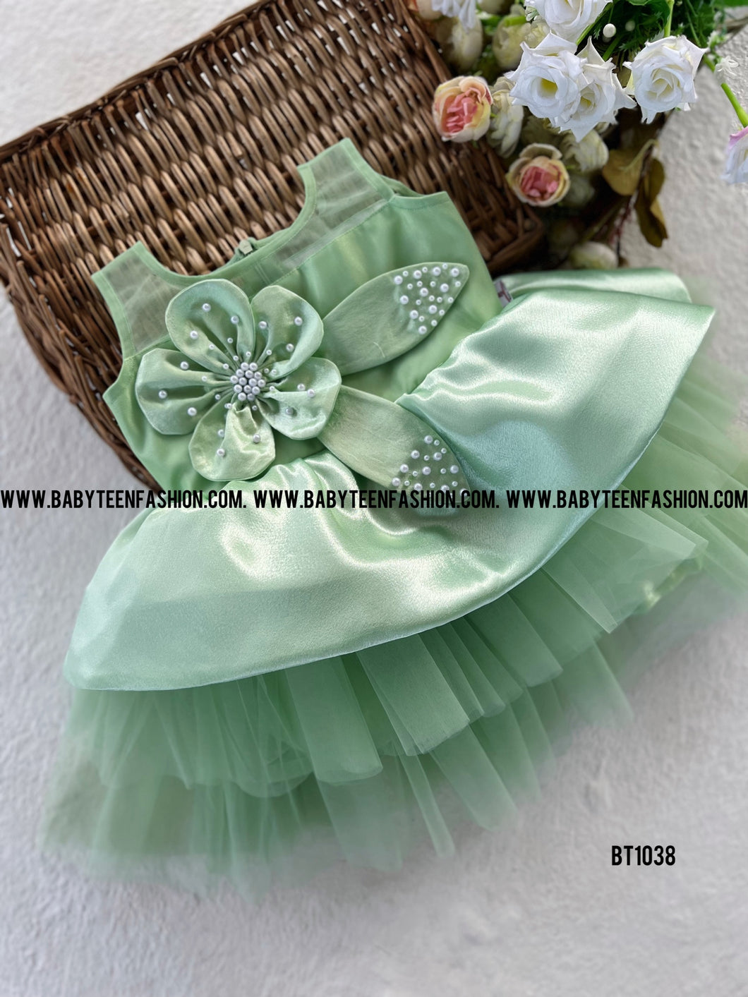 BT1038 Pista Green Birthday Frock Pearl intricated Satin Flower yoke