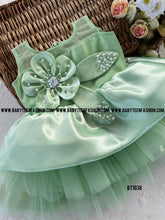 Load image into Gallery viewer, BT1038 Pista Green Birthday Frock Pearl intricated Satin Flower yoke
