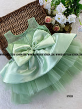 Load image into Gallery viewer, BT1038 Pista Green Birthday Frock Pearl intricated Satin Flower yoke

