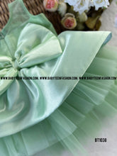 Load image into Gallery viewer, BT1038 Pista Green Birthday Frock Pearl intricated Satin Flower yoke
