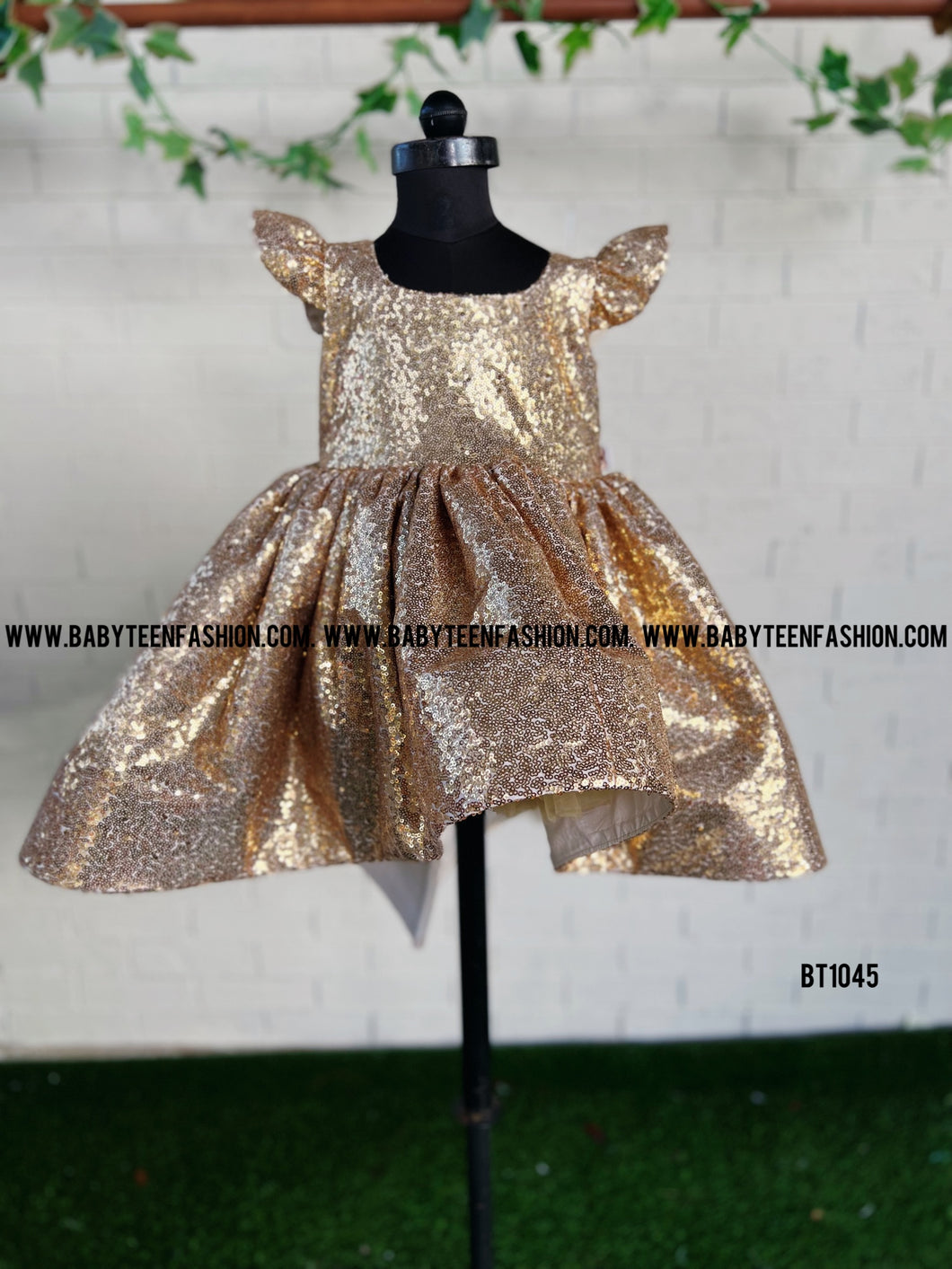 BT1045 Golden Sequence Evening and Night Party Princess High Low Gown With Bow Highlights
