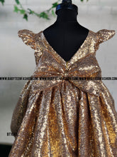 Load image into Gallery viewer, BT1045 Golden Sequence Evening and Night Party Princess High Low Gown With Bow Highlights
