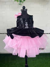 Load image into Gallery viewer, BT1297 Black Sequins in baby Pink Partywear Frock
