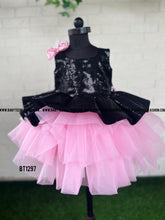 Load image into Gallery viewer, BT1297 Black Sequins in baby Pink Partywear Frock
