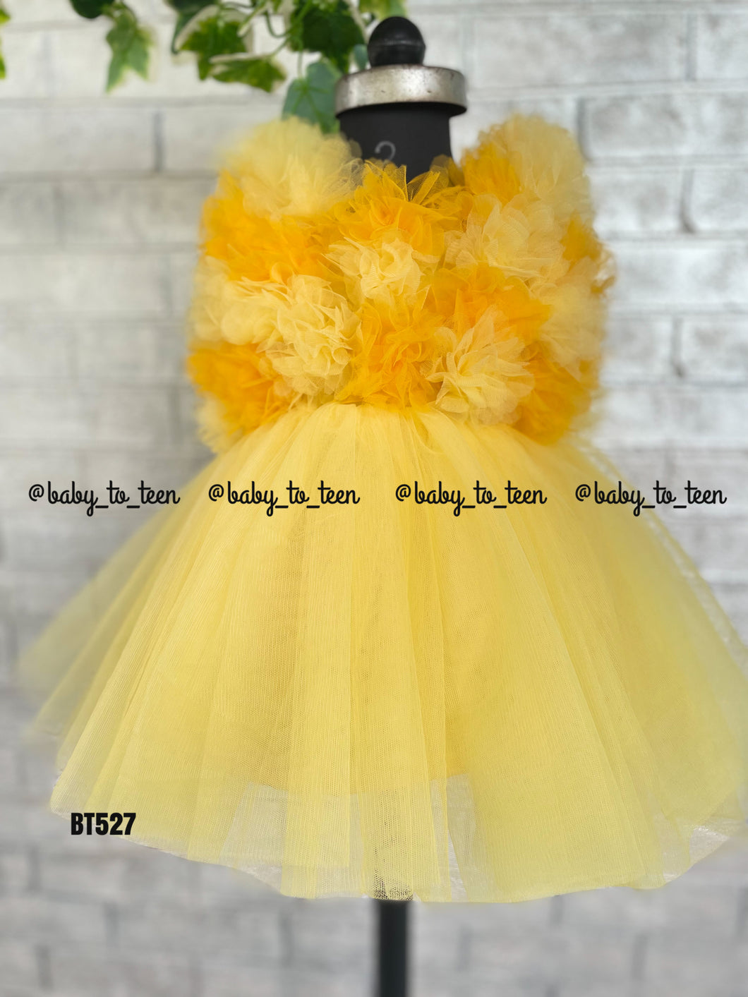 BT527 Yellow Handmade Sun Flower Theme Party Wear Frock