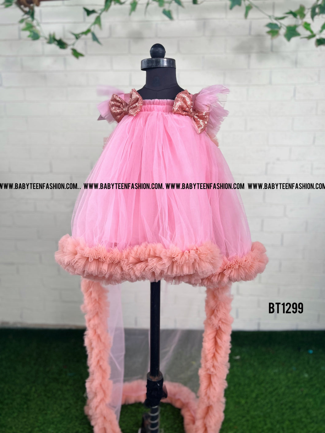 BT1299 Rose Gold Sequins Longtail Partywear Frock