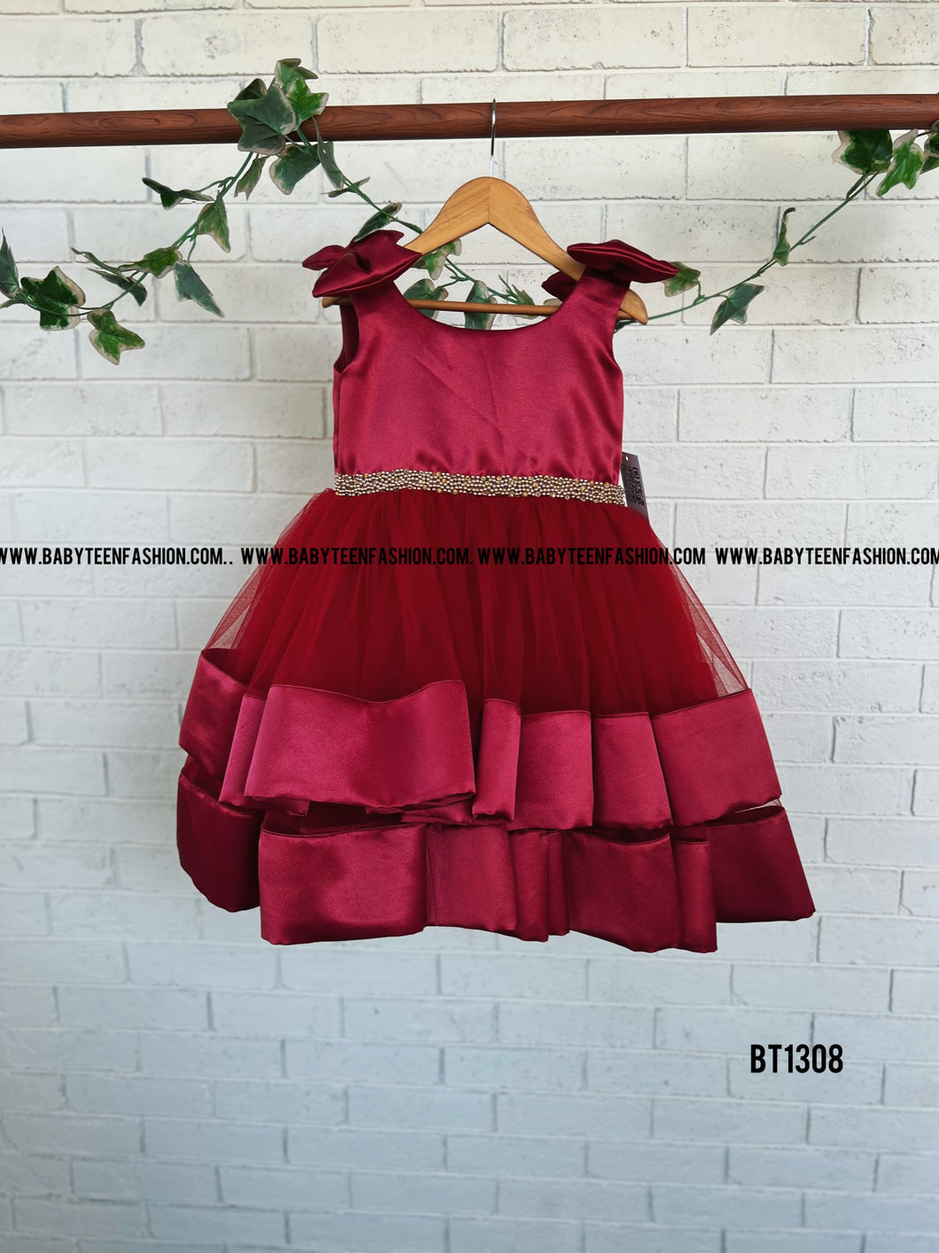 BT1308 Red Sleeveless Party wear frock with Shoulder Bows