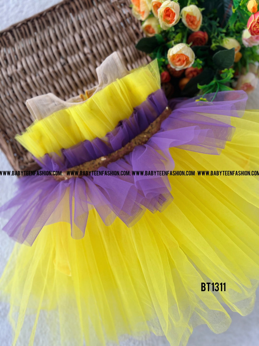 BT1311 Yellow Lavender  Transparent Neck Birthday Frock