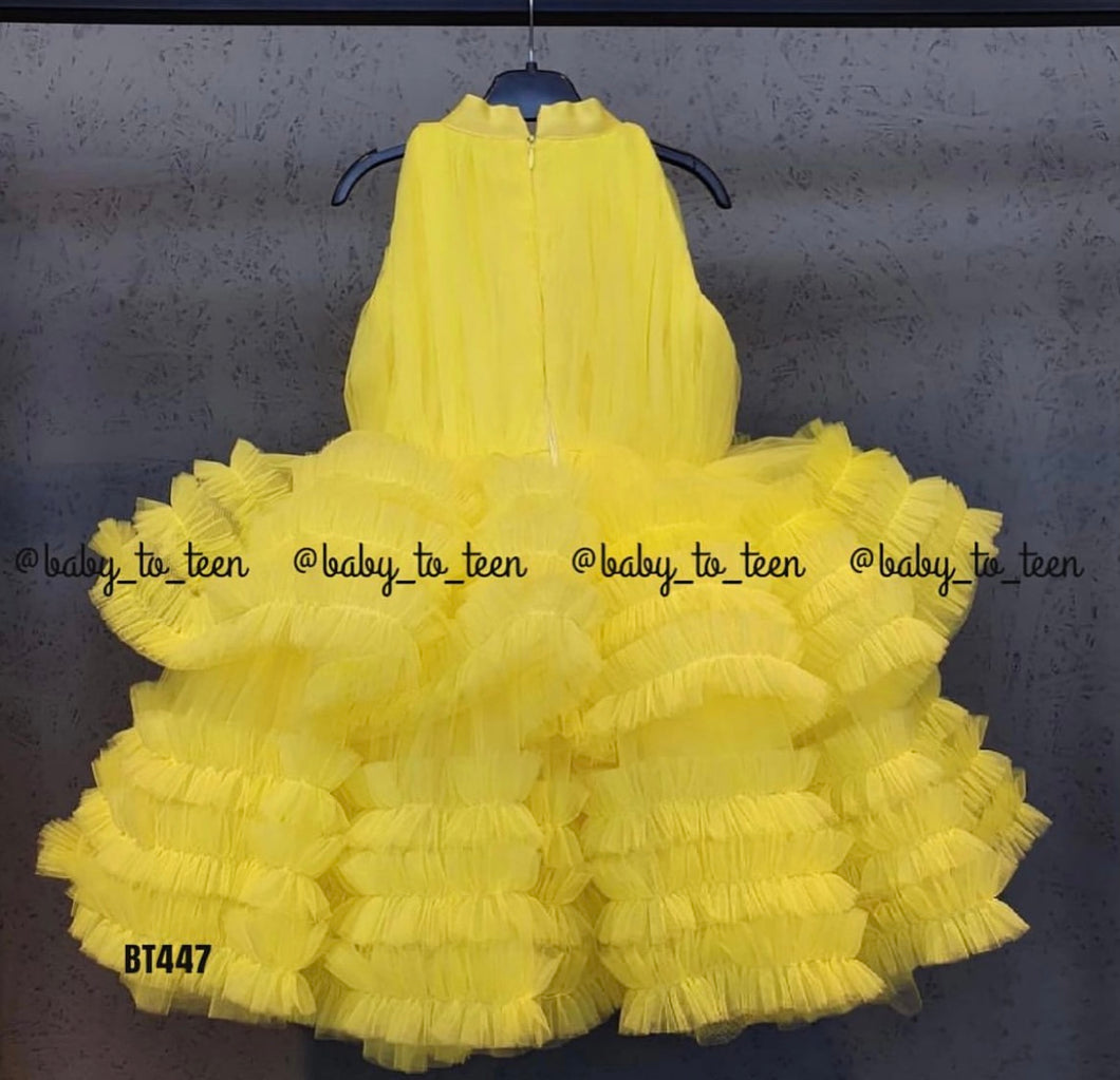 BT286 Yellow Thick Ruffles Double Layered Kids Designer Frock