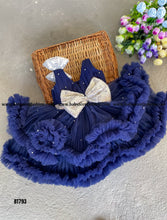 Load image into Gallery viewer, BT793 Navy Blue Shade Thick Double Ruffles Birthday Frock With Silver Pearl Embossed and Bow Highlight
