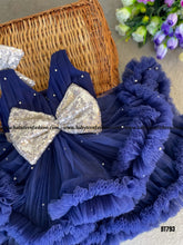 Load image into Gallery viewer, BT793 Navy Blue Shade Thick Double Ruffles Birthday Frock With Silver Pearl Embossed and Bow Highlight
