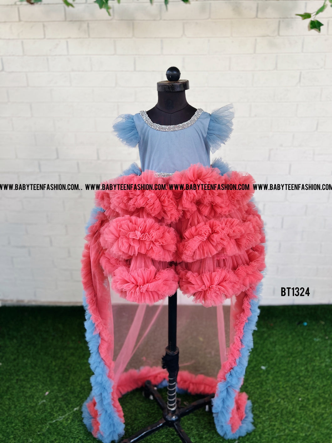 BT1324 Party wear Birthday Frock Detachable Long Tail for Kids and Teenage Girls