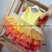 Load image into Gallery viewer, BT541 Beautiful Sunset Color Themed Multilayered Birthday Frock With Gatherings Sleeves
