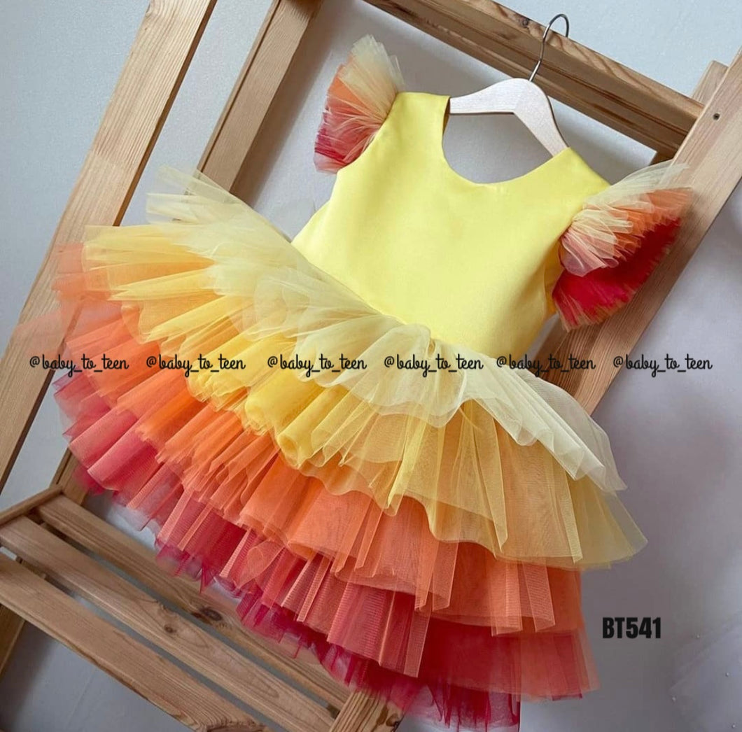 BT541 Beautiful Sunset Color Themed Multilayered Birthday Frock With Gatherings Sleeves