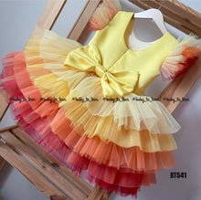 Load image into Gallery viewer, BT541 Beautiful Sunset Color Themed Multilayered Birthday Frock With Gatherings Sleeves
