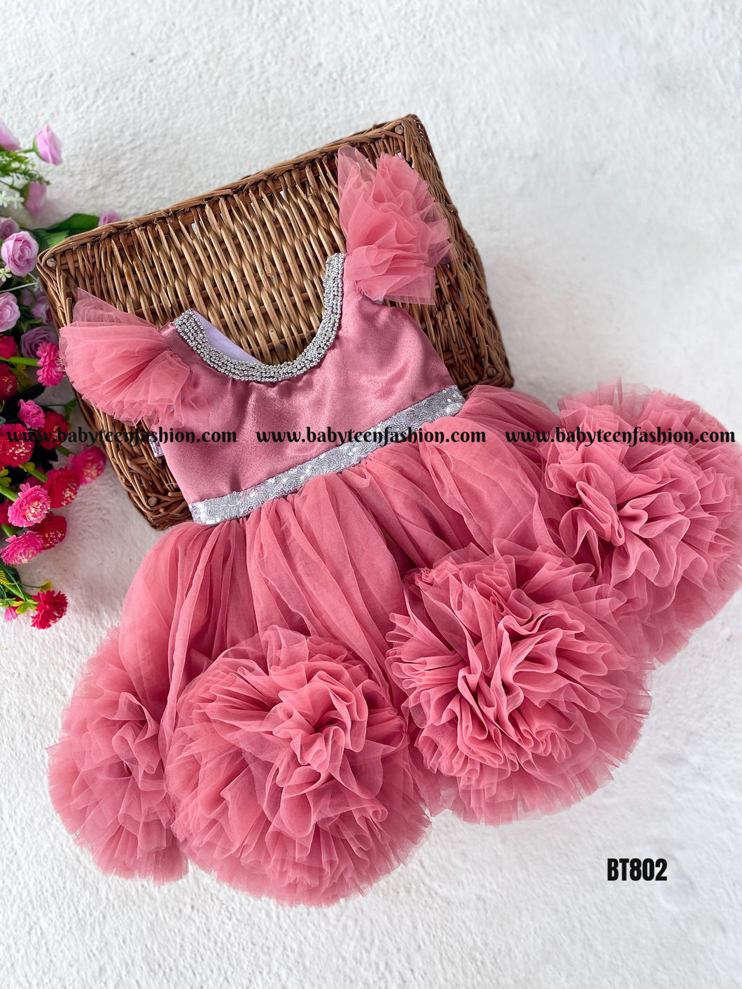BT802 Rosegold Pom Pom Designer Party Wear Frock
