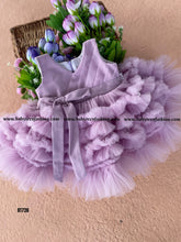 Load image into Gallery viewer, BT726 Premium Partywear Frock In Pastel Lavender Color with Extra Thick Ruffles On Skirting and Bow Highlight On Backsde
