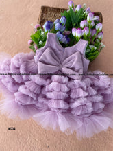 Load image into Gallery viewer, BT726 Premium Partywear Frock In Pastel Lavender Color with Extra Thick Ruffles On Skirting and Bow Highlight On Backsde
