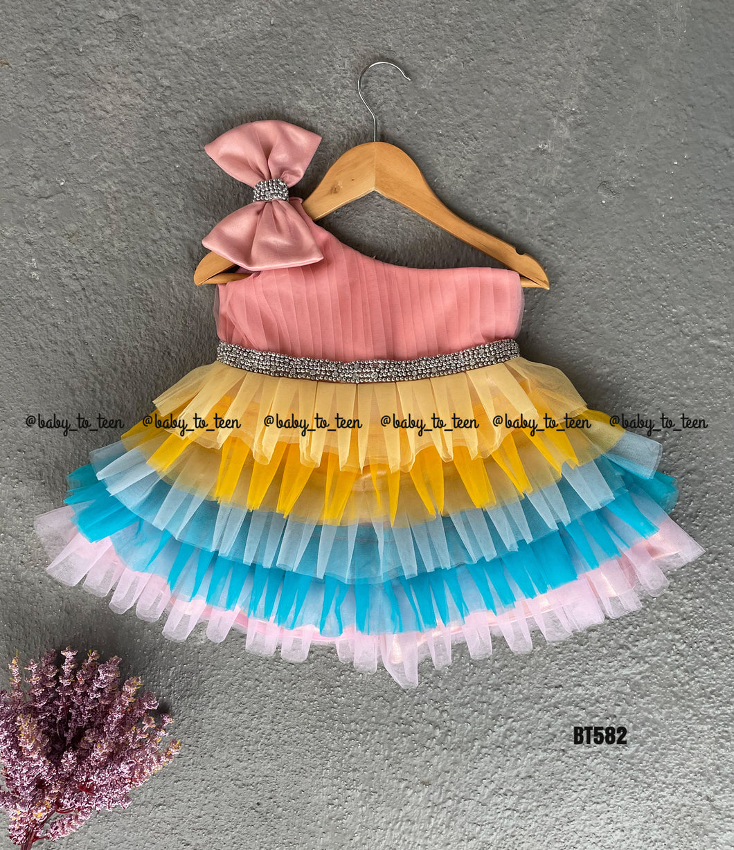 BT582 Multi Color Pleated One Shoulder Birthday Frock