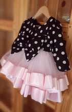 Load image into Gallery viewer, BT008 Polka Dots Partywear Baby Pink Full Sleeves Frock With Heavy Satin Border
