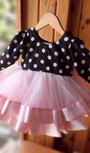 Load image into Gallery viewer, BT008 Polka Dots Partywear Baby Pink Full Sleeves Frock With Heavy Satin Border
