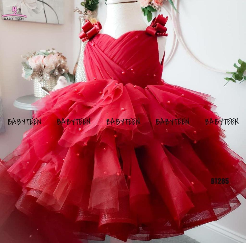 BT285 Red Pearl Birthday Dress with Crinoline Bouncy Skirting