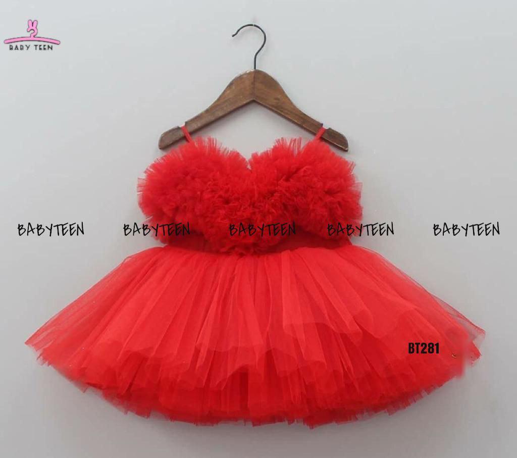 BT281 Single Color Tulle Sleeveless Frock With Heart Shaped Ruffles On Yoke Birthdays