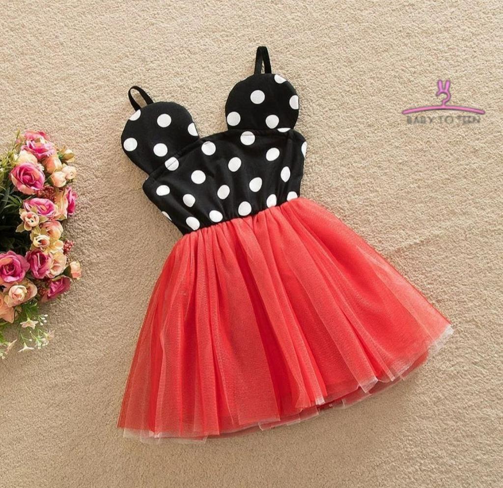 BT092 Polka Dots Semi Partywear Sleeveless Frock With Bunny Ears and Tulle Skirting