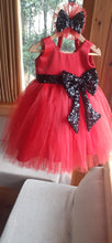Load image into Gallery viewer, BT052 Red and Black Retro Color Combination Partywear Frock Highlighted with Sequence Bows for Baby Girl
