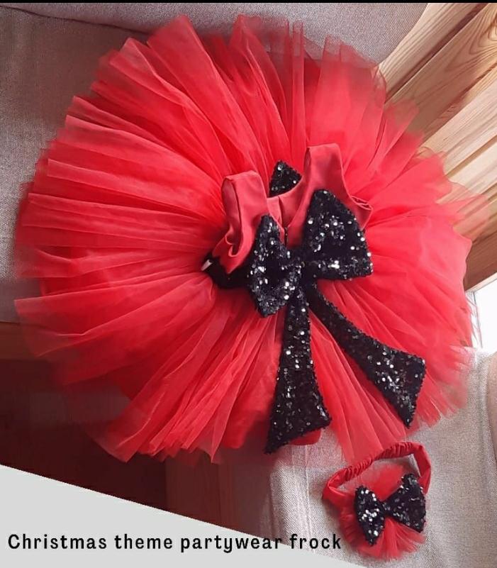 BT052 Red and Black Retro Color Combination Partywear Frock Highlighted with Sequence Bows for Baby Girl