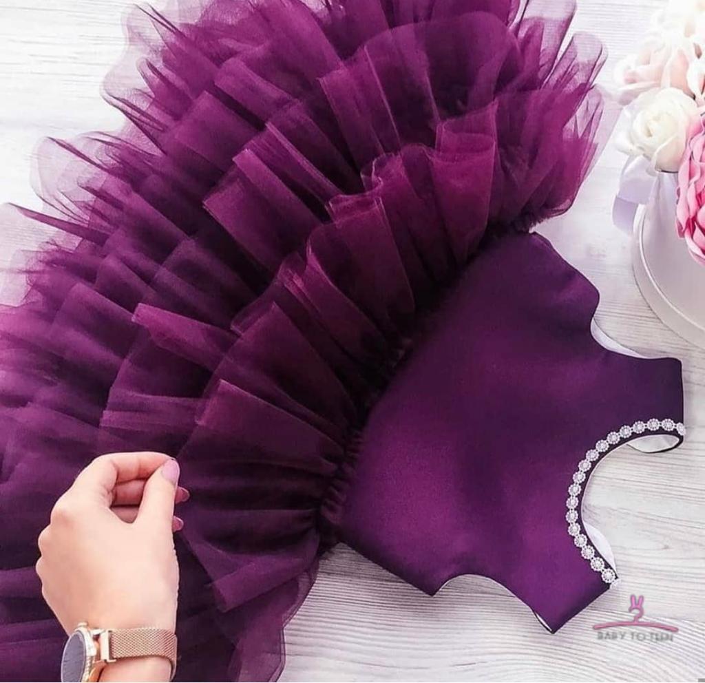 BT087 Comfortable Multilayred Purple Color Birthday Frock with Highlighted Neckline