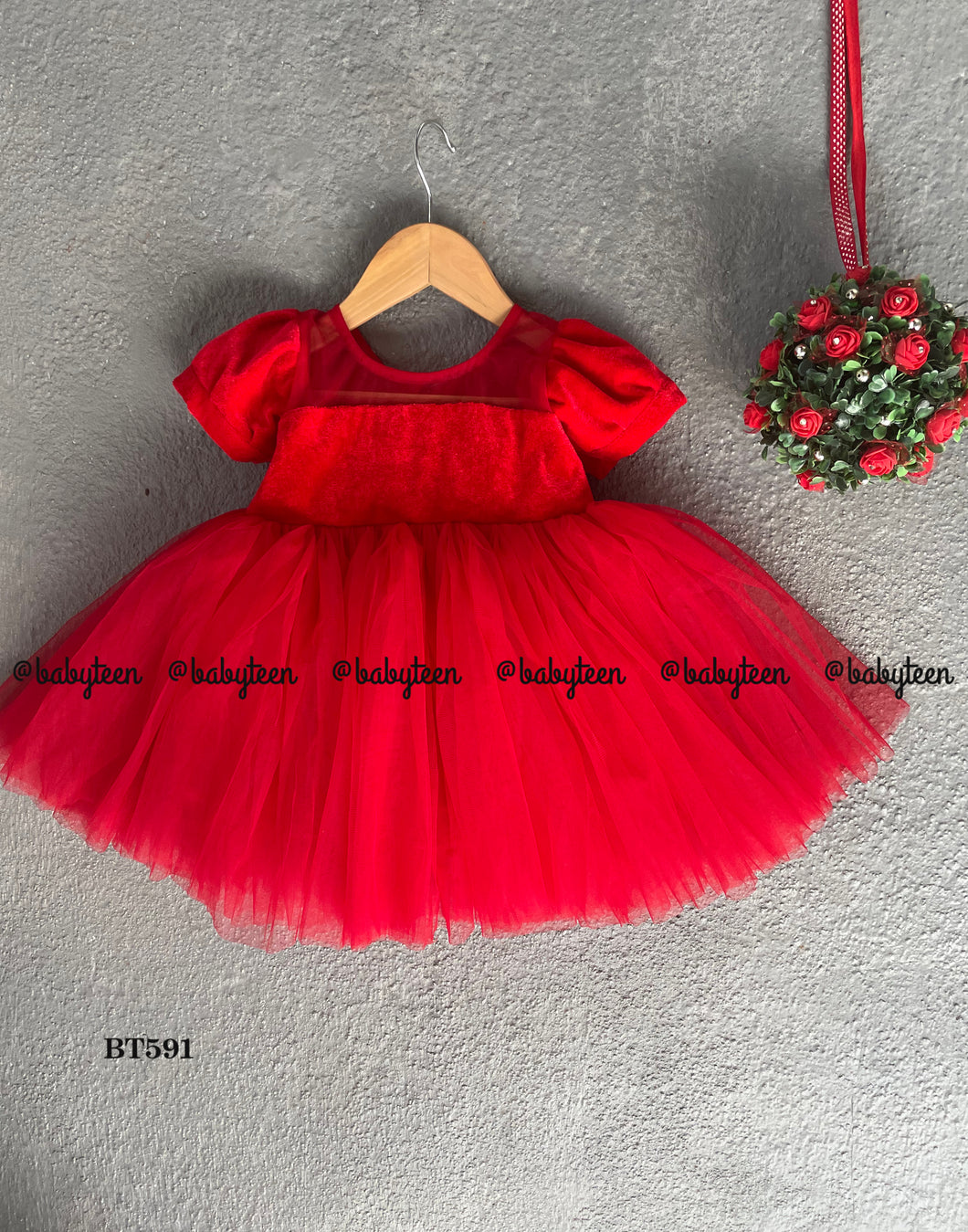 BT591 Red Party Wear Frock with Balloon Sleeves for Babies and Teenage Girls